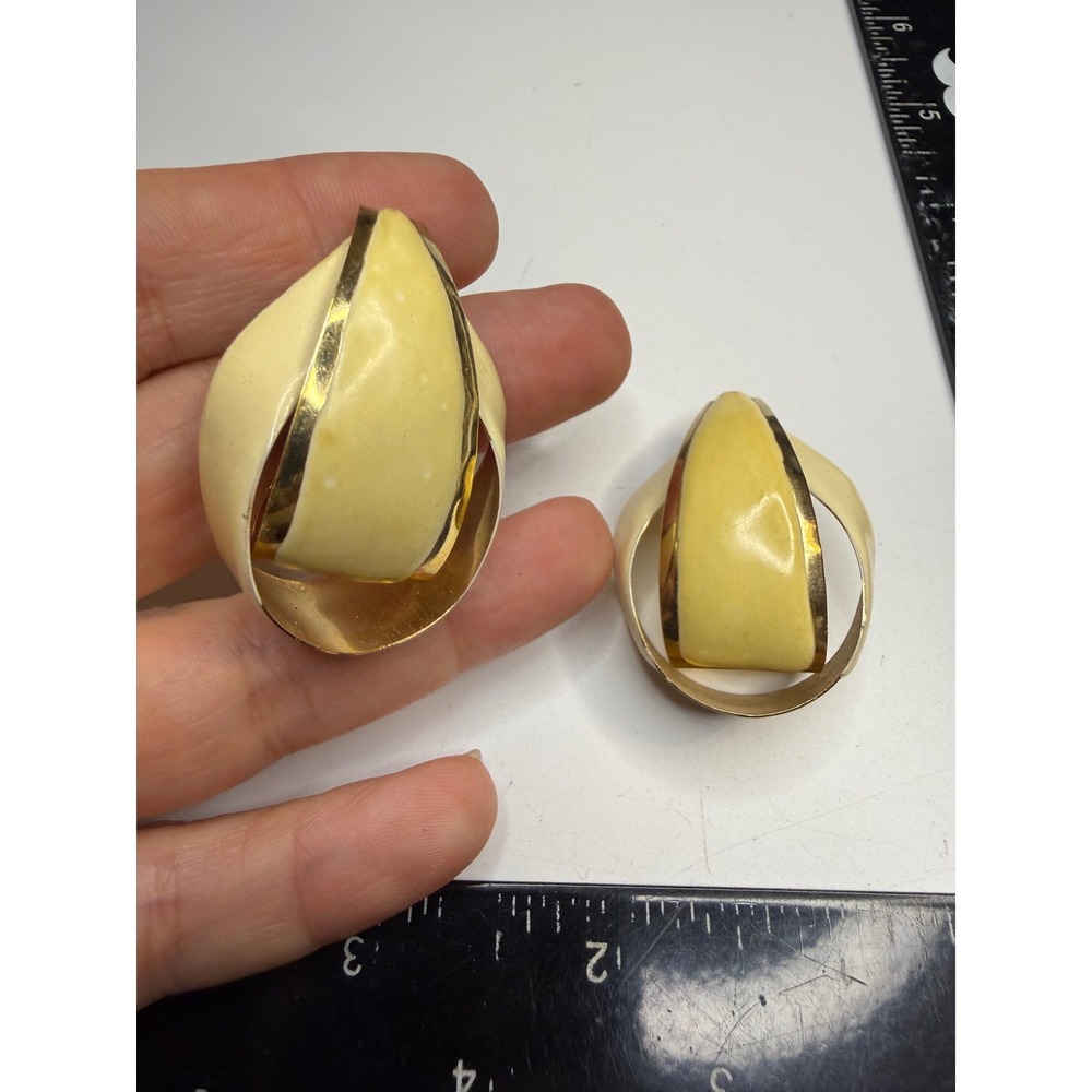 Modernist Cream Enamel Gold Tone Layered Teardrop Statement Post Earrings